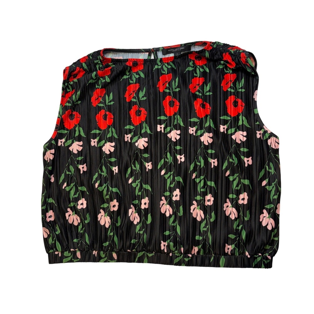 Marc New York‎ Women's Large Sleeveless Blouse Black Red Floral Pleated Blouson